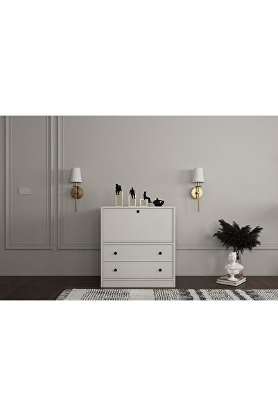 Nettrends Düşer Kapaklı Iki Çekmeceli Raflı Beyaz Ayakkabılık Çıtasız Ayk-1053-ç