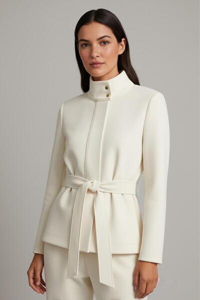 Elbikom Kuşaklı yüksek yaka ceket premium kumaş