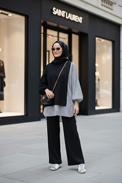 ASEL FASHİON Kadın Tesettür Takım Line İkili Takım Gömlek Siyah