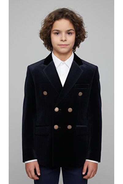 Micio Момчешко тъмносиньо кадифено сако с двойно закопчаване и бронзови копчета