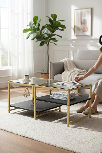 TOLIAHOME Modern Siyah-Gold Renk 3 Katlı Metal İskeletli Şeffaf Temper Camlı ...