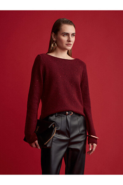 Dilvin 10836 Yün Karışımlı Parıltılı Kayık Yaka Kazak-Bordo