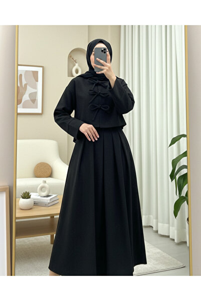 Modamorfo Lace-Up Front Skirted Cashmere Suit - Black