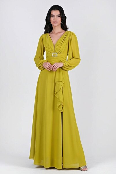 Spazio Gelso V Yaka Sırt Çarpraz Bağlı Uzun Abiye Elbise FISTIK YEŞİL