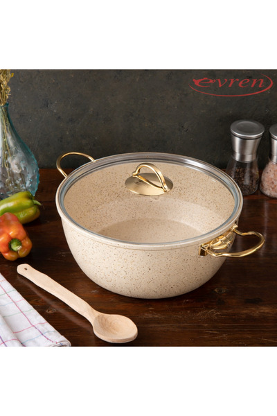 Evren 30 Cm Cream Ezme Seri Derin Tencere, Non-Stick Derin Tencere 7 Lt (Gold...