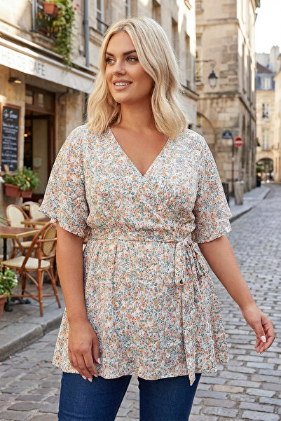 Stil Diva Bluză cu mâneci scurte, cu decolteu în V, cu curea în față, cu imprimeu, cu mâneci scurte 321935