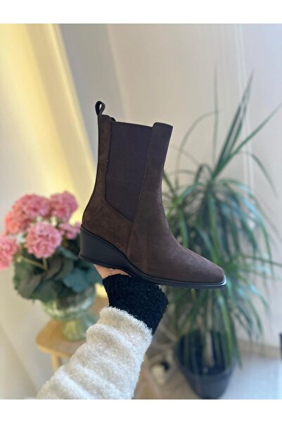 BABLACK Wedge Heel 100% Nubuck Leather Rubber Detailed Women's Boots Bitter B...