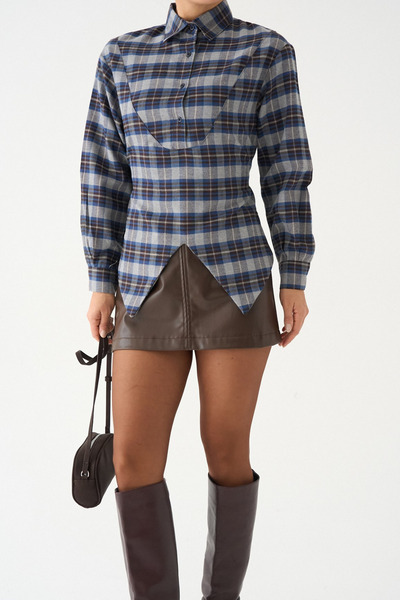 LOOSH Kadın Lacivert Ekose Desenli Bağlama Detaylı Pamuklu Gömlek