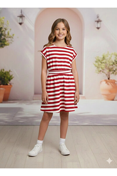Orca Kids Fashion 6-12 Years Old Striped Combed Cotton Dress with Elastic Waist