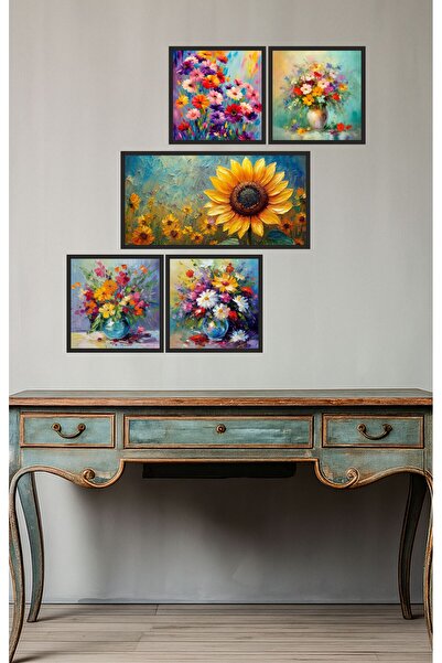 UNT Set de pictură MDF cu imprimare UV cu model de flori colorate – 5 piese Decor modern de perete