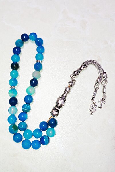 ŞAHBEY TESBİH Kişiye Özel Harf Detaylı Püsküllü Mavi Akik Doğal Taş Tesbih / ...