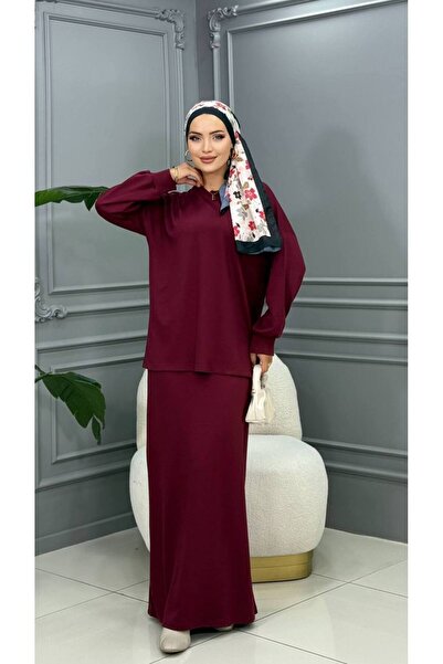Cannes Long Sleeve Skirt and Shirt Burgundy Two Piece Set Long Dress