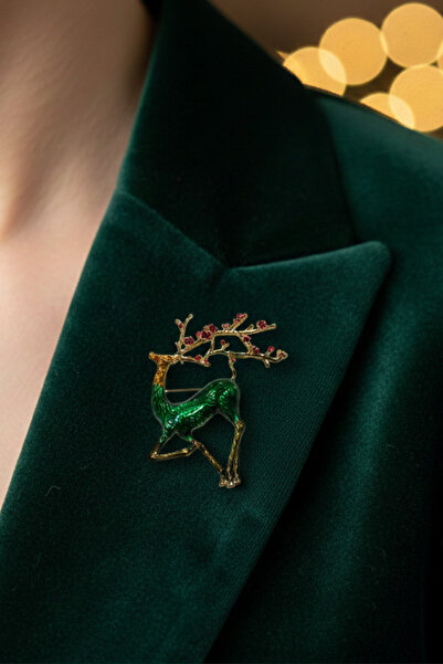 shop Emaye Geyik Broş - Altın Boynuzlu Kırmızı Boncuklu Yılbaşı Yaka İğnesi