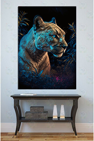 Mgi Design Mavi Neon Işıklı Puma Kanvas Tablo Vahşi Doğa ve Hayvan Temalı Modern UV Baskı Ofis Dekoru