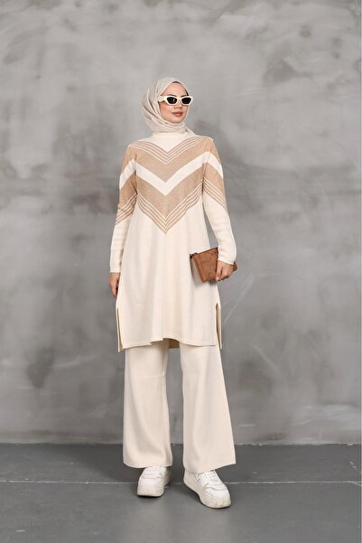 MİREL BUTİK طقم بنطلون تونيك نسائي من إيليت مصنوع من التريكو اللامع