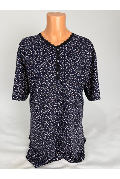 YAŞAR TRİKO Women's Stretch Fabric Floral Patterned Lace Buttoned V-Neck Short Sleeve Side Slit Mother Combed Cotton T-Shirt