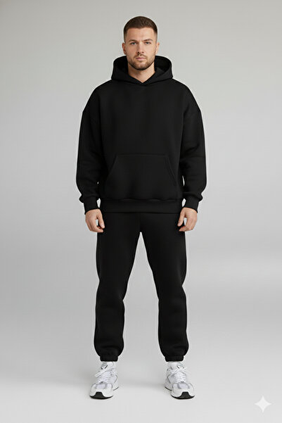 RABTEKS Set de trening pentru bărbați, negru supradimensionat cu glugă cu fleece în interior