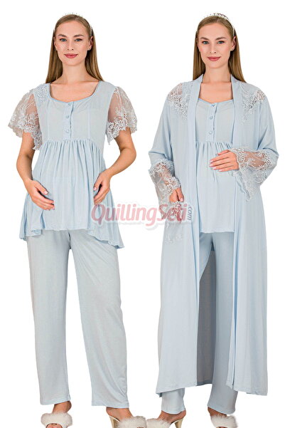 quilling Bebe Mavi Renkli Derin Patlı, Lady 33008 Kısa Kol, 3 Parça, Sabahlık...