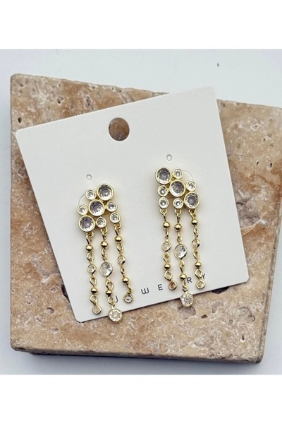 Butik Çelik 14K Gold Renk Zirkon Taş Sallantılı Kadın Küpe