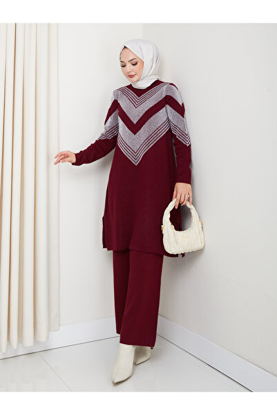 MİREL BUTİK Elite Women's Silvery Knitwear Tunic Pants Set
