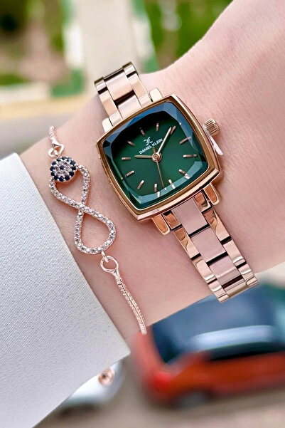 Daniel Klein Green Dial Rose Color Women's Wristwatch and Bracelet Dkiste1756