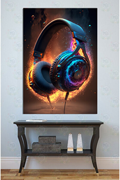 Mgi Design Neon Işıklı ve Alevli Kulaklık Kanvas Tablo Müzik Temalı Genç Odası ve Ofis Panosu