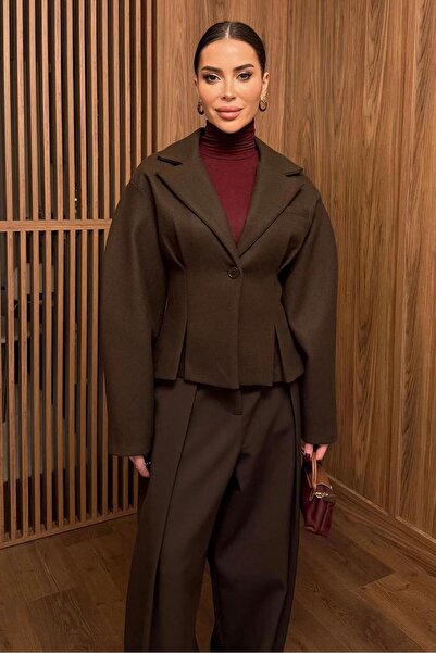 FMN Moda Balloon Collar, Stitched Drawstring Detail, Waist-Cinching, Single-Button Design, Lined, Cashmere Jacket Coat.