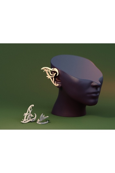 ADA 3D Fantastik Elf Kulağı Görünümlü Bej Renkli Sarmal Tasarım Hafif Earcuff Küpe