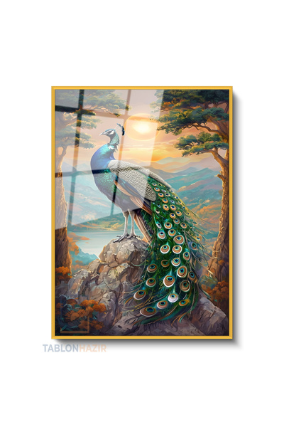 tablonhazır Dikey Çerçeveli Cam Tavuskusu Gunes Modern Ev Dekoru Duvar Sanatı...