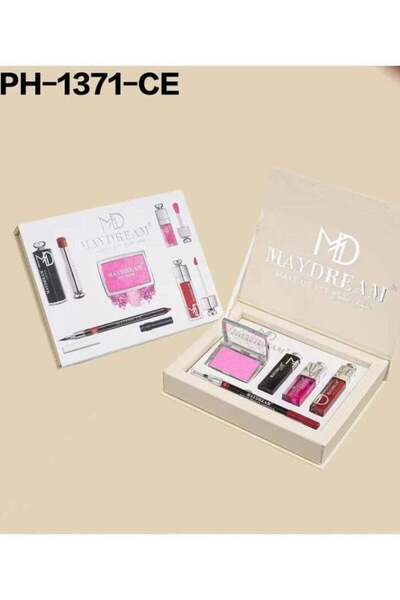 MAYDREAM مجموعة مكياج بيج - أحمر شفاه، ملمع شفاه، محدد شفاه، وبلاشر بودرة (PH-1371C)