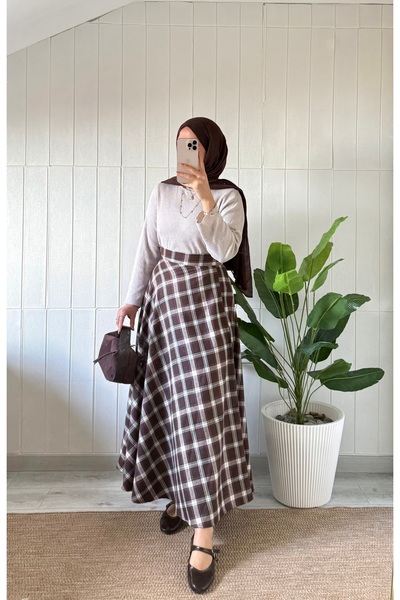 MİREL BUTİK Elite Women's Plaid Patterned Winter Flared Skirt