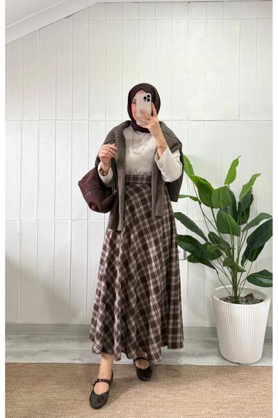 MİREL BUTİK Elit Kadın Ekoseli Desenli Kışlık Kloş Etek