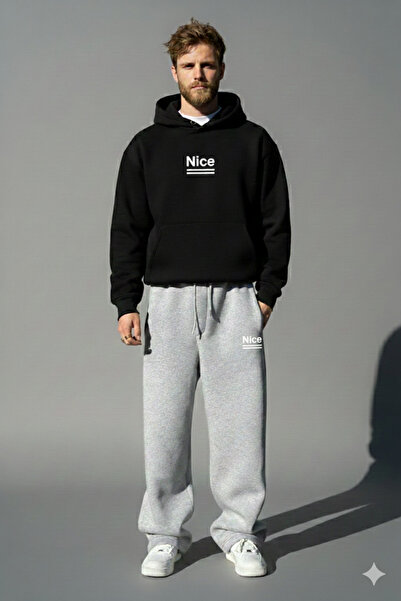 NİCE مطبوع قصة فضفاضة طقم بدلة رياضية فضفاضة - طقم شتوي سميك مكون من مبطن بالصوف قطع فضفاضة الساقين