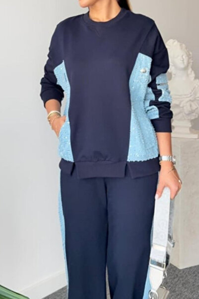 Qualia Butik طقم بدلة رياضية نسائية بتفاصيل من الترتر والدنيم بلونين