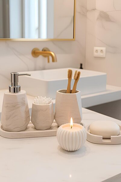 Elizovi طقم حمام فاخر مكون من 6 قطع بملمس رخامي |   حامل صابون، حامل فرشاة أس...