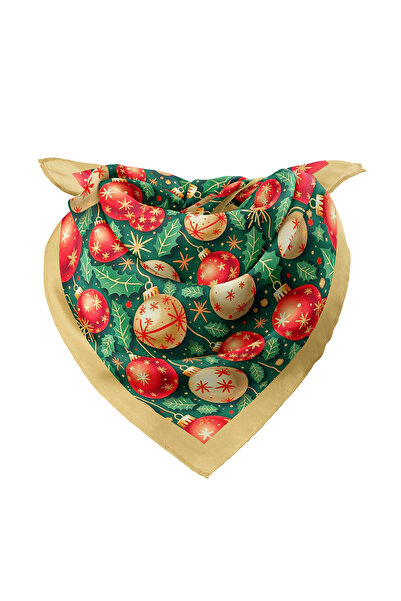 sema aksesuar Yılbaşı Temalı Kırmızı Yeşil Çam Süsü Desen Fular Bandana 50 Cm