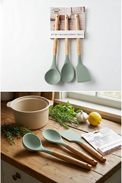 mutfak Ahşap Saplı 3'lü Silikon Kepçe-Spatula-Kaşık Seti