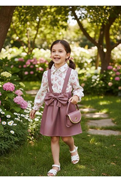 zavera for kids Girl's Shirt and Salopet 3-Piece Clothing Set - 100% Cotton Shirt - Leather Skirt - Leather Bag