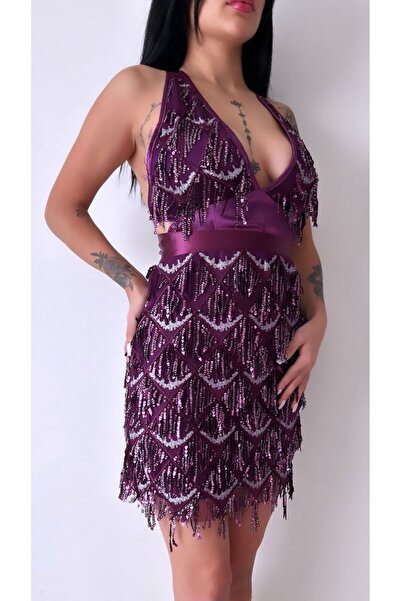 GİZEMŞAH saten deyatlı saçaklı mini elbise