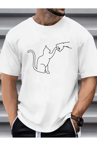 LELVANİ تي شيرت مطبوع عليه رسومات قطة بيضاء ورسومات مطبوعة على شكل مقبض