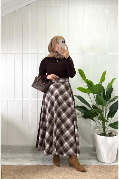 MİREL BUTİK Elit Kadın Ekoseli Desenli Kışlık Kloş Etek