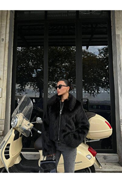 FMN Moda Lined Soft Plush Texture Design Equivalent Zipper Closure Medium Length Jacket Collar Fur Coat Coats