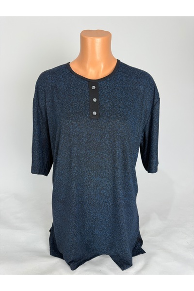 YAŞAR TRİKO Γυναικείο μπλουζάκι με κοντό μανίκι με λαιμόκοψη με ελαστικό ύφασμα σχέδια και κουμπιά στο πλάι άνοιγμα Mother Combed Cotton T-shirt