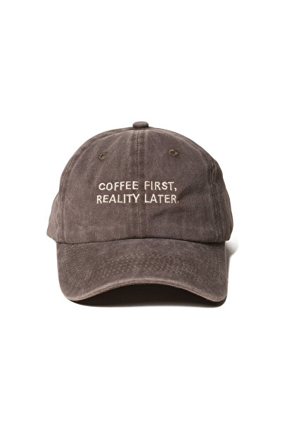 Nome Studio Kahve Şapka Bej Nakışlı %100 Pamuk Unisex Vintage Eskitme Kahve Şapka Önce Kahve Sonra Gerçekler