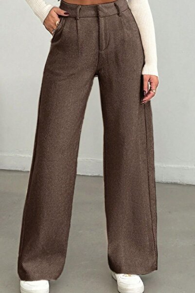 Ronasia Elegant Yüksek Bel Balıksırtı Desenli Bol Paça Kadın Pantolon – Kahve...