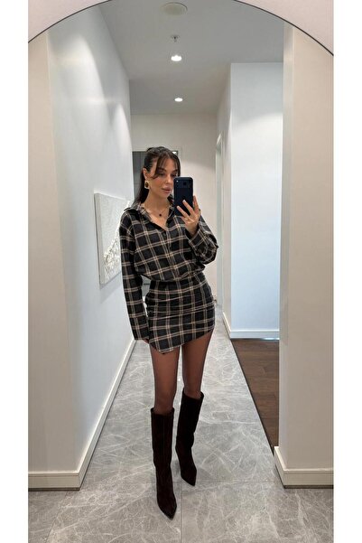 FMN Collection Plaid Checkered Asymmetrical Hem Detail Buttoned Skirt Fitted ...