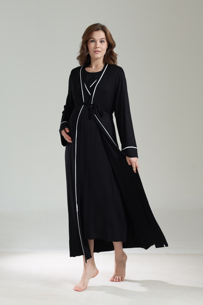 Lohussa طقم ثوب نوم نسائي أسود حواف أسطوانية بأكمام طويلة وتصميم خاص للحوامل ...