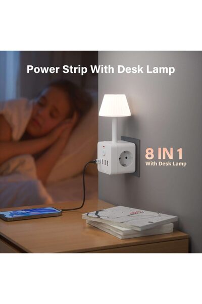 Choice شريط طاقة أبيض بثلاثة منافذ، مزود بقابس أوروبي، ومصباح مكتب قابل لتعديل السطوع، وحماية من زيادة التيار، ومفتاح تشغيل/إيقاف.