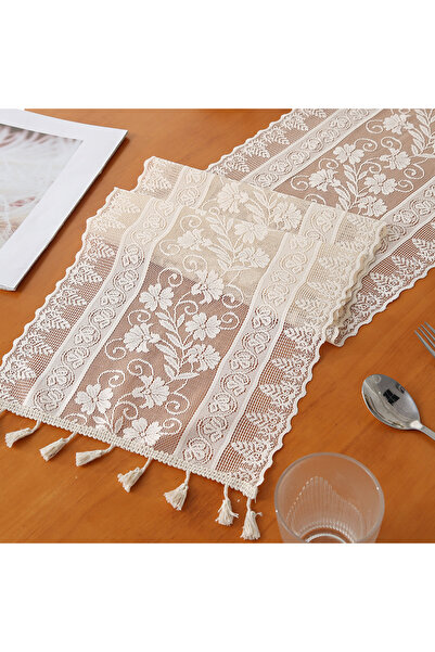 Choice علم طاولة آخر مقاس 30×360 سم، بيج اللون، مزين بشرابة على شكل زهرة مجد الصباح، بنمط ريفي، مناسب لتناول الطعام