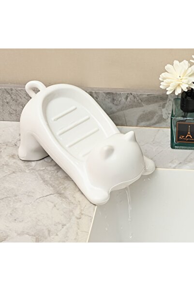 Choice علبة صابون بيضاء لطيفة على شكل قطة - تصميم مانع لتراكم الماء وسهل التص...